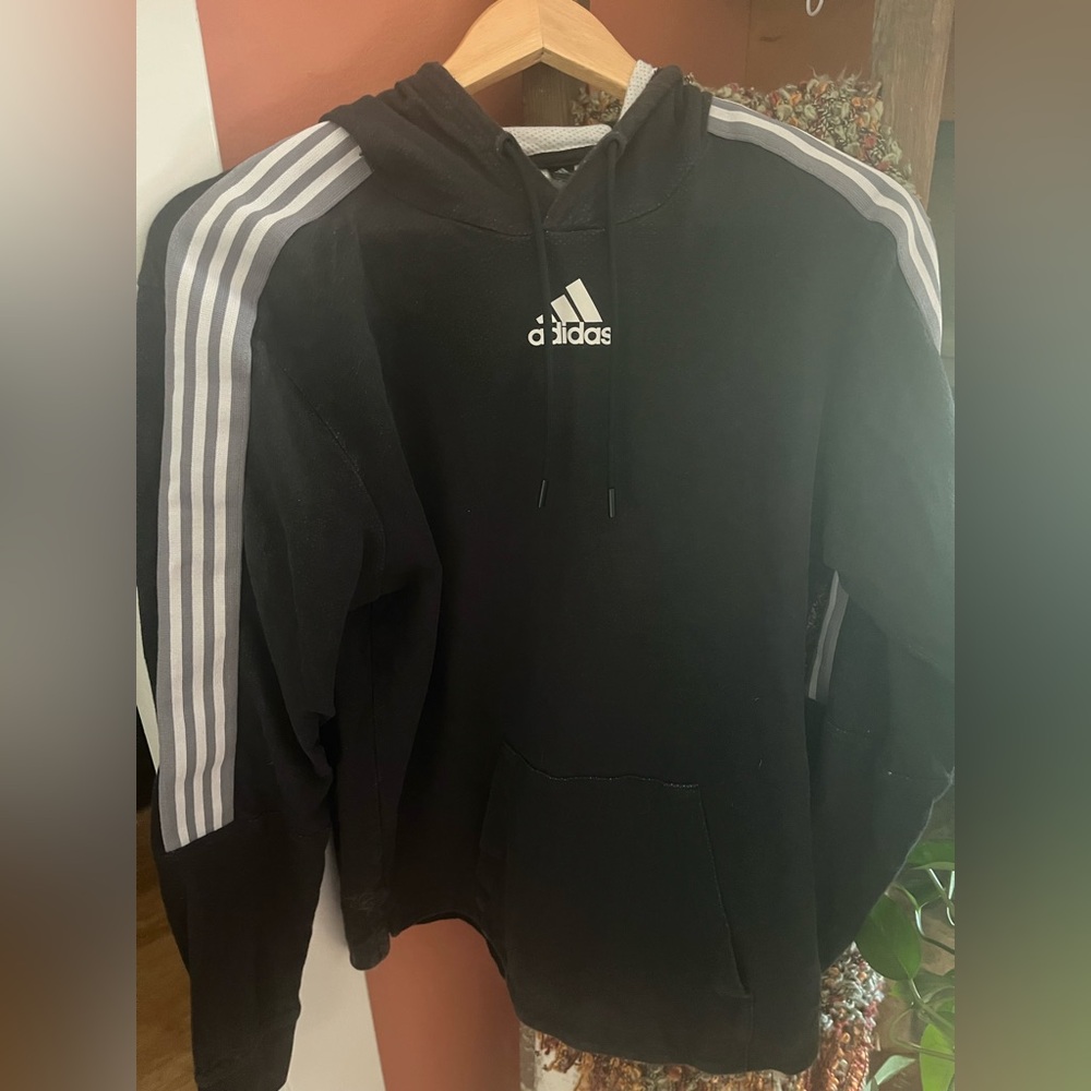 Adidas Men's Black Hoodie with White Stripes